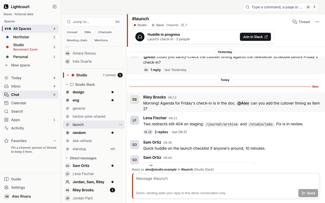 Chat: Studio’s #launch channel, with channels and direct messages listed per Space.