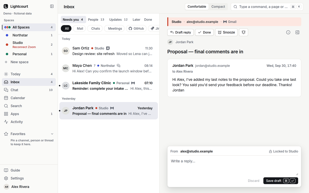 The Inbox with a Studio thread open: the reply’s From line is locked to Studio.