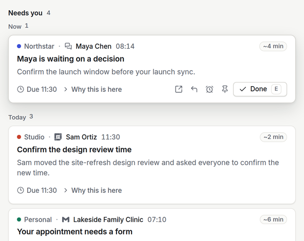 The Needs you list: a Northstar chat from Maya Chen, a Studio meeting change and a Personal form, each with its Space and app.
