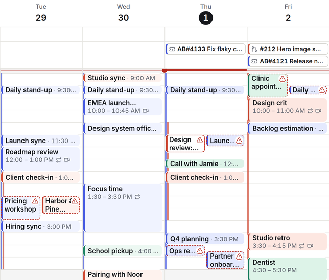 The week view: events from three Spaces in their own colours, with cross-Space conflicts outlined.